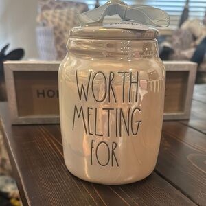 Rae Dunn Cream Jar with Gray Ribbon